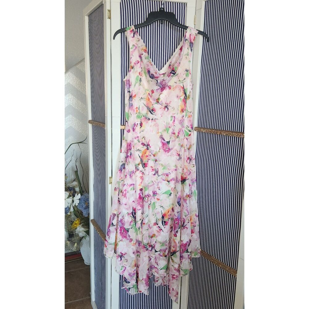 Sleeveless V-neck floral chiffon asymmetrical handkerchief hemline midi dress - Picture 2 of 5
